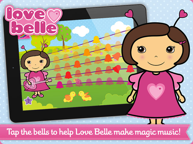Tap the bells on and off to make your own groovy tune on Love Belle's pink heart guitar.